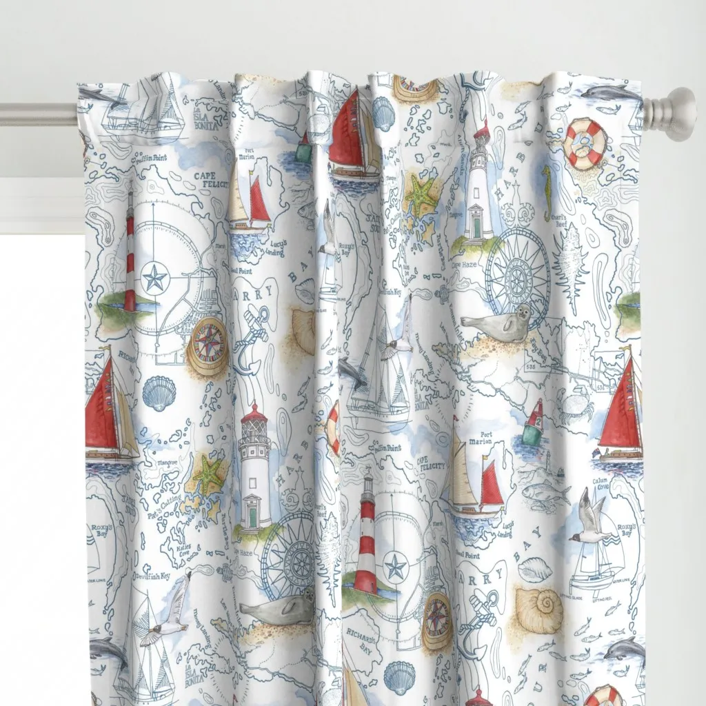 Sail Away Nautical Map Curtain Panel - White alternate view