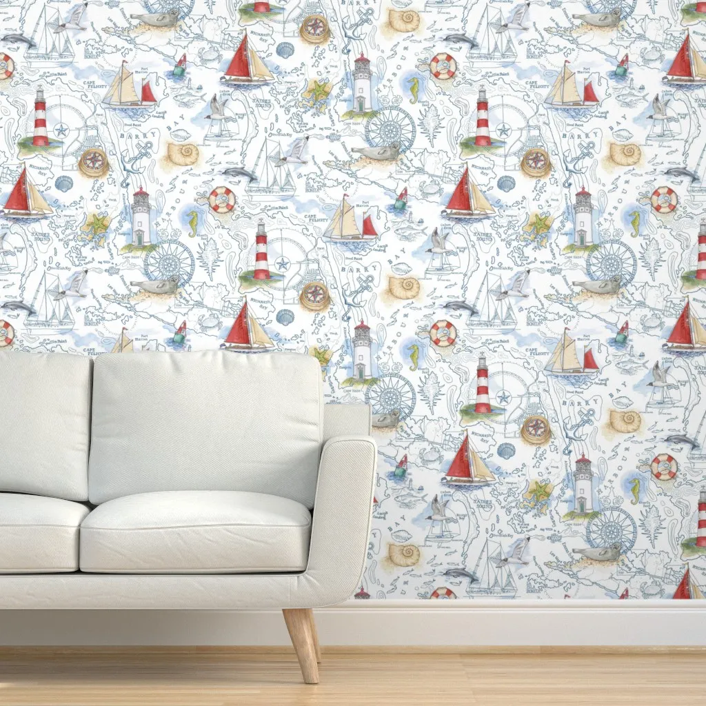 Sail Away Nautical Map Peel and Stick Wallpaper - White product