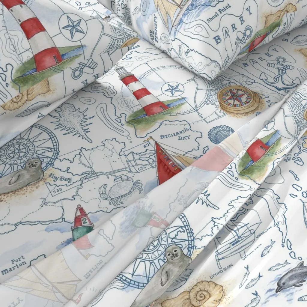 Sail Away Nautical Map Queen Sheet Set - White alternate view