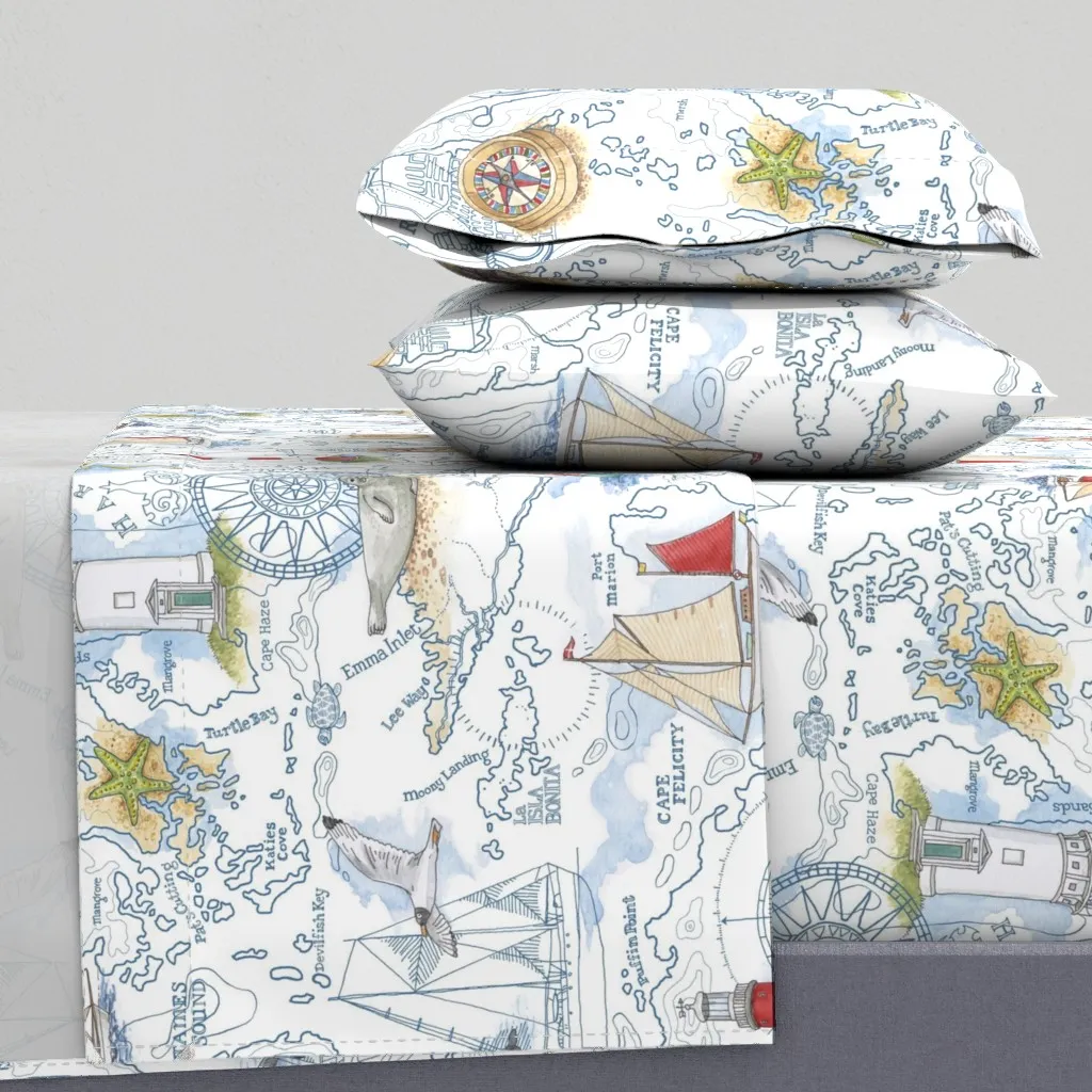 Sail Away Nautical Map Queen Sheet Set - White product