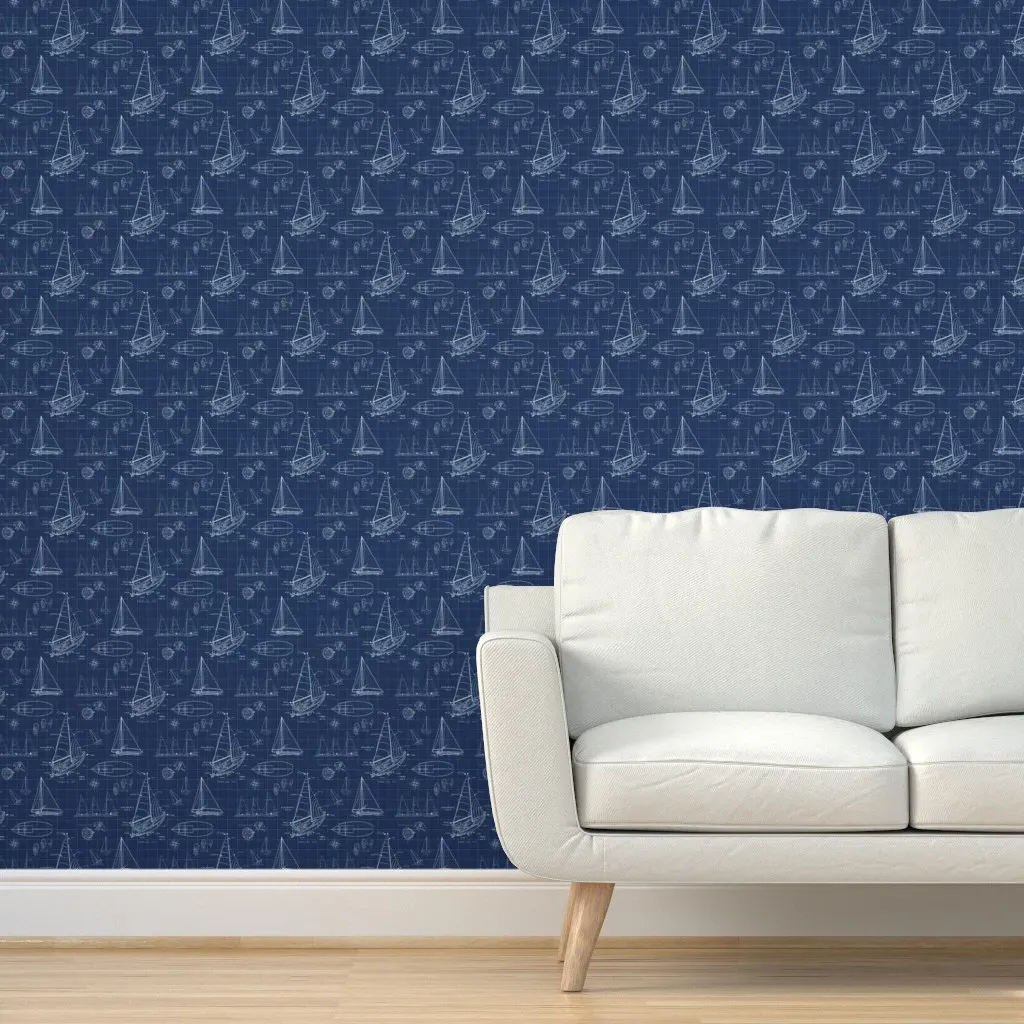 Sailboat Blueprints Peel and Stick Wallpaper - Navy Blue product