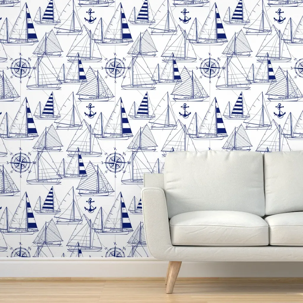 Sailboats Large Scale Peel and Stick Wallpaper - Navy Blue, White product