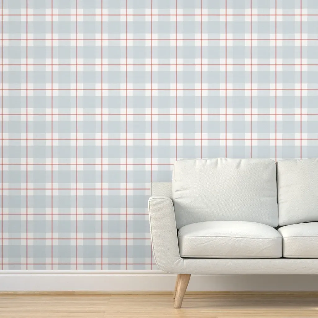 Sakina Real Red And Soft Sky Plaid On Cream Strie Peel and Stick Wallpaper - Light Blue product