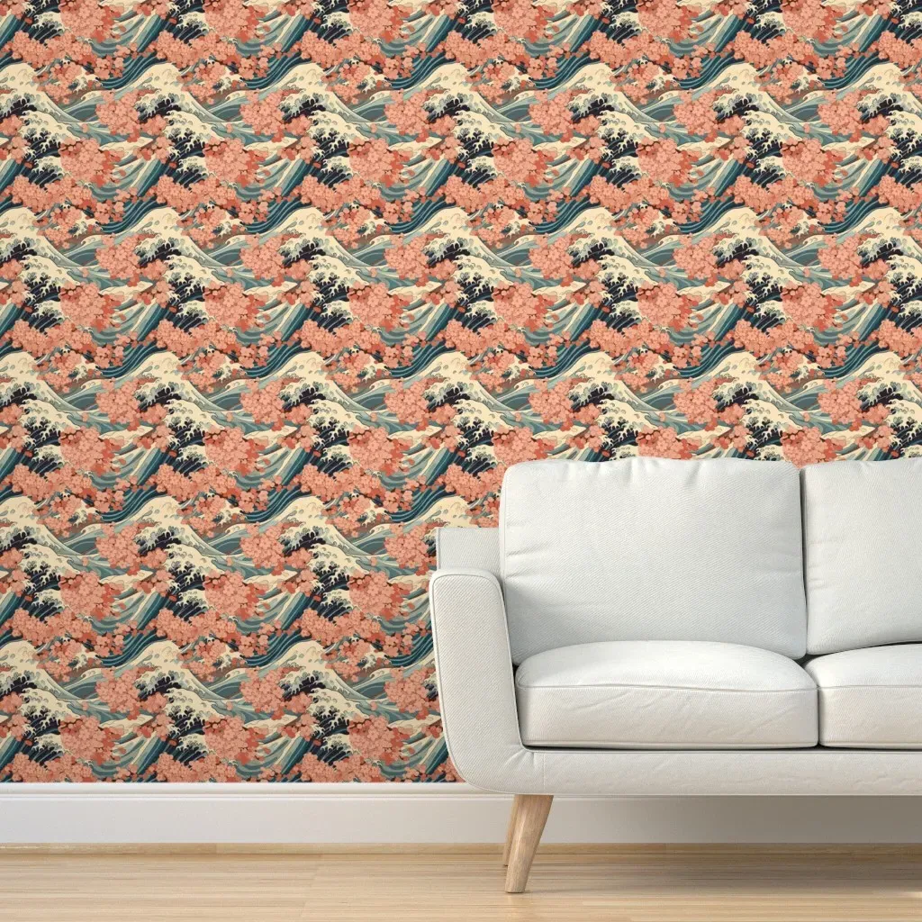 Sakura and Hokusai Waves of Medieval Japan Peel and Stick Wallpaper - Peach product