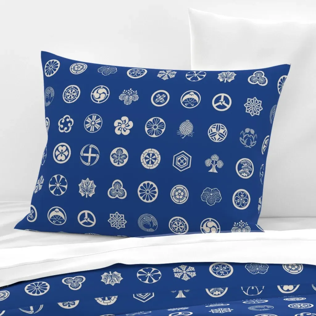 Samurai Crests Standard Knife Edge Cushion Cover - Blue, Cotton Sateen product