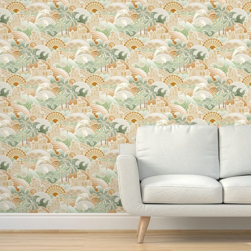 Sandcastle Beach Summer Dolphins Peel and Stick Wallpaper - Beige product