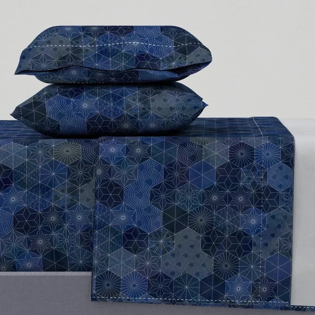 Sashiko Japanese Patchwork Geometric Queen Sheet Set - Indigo product