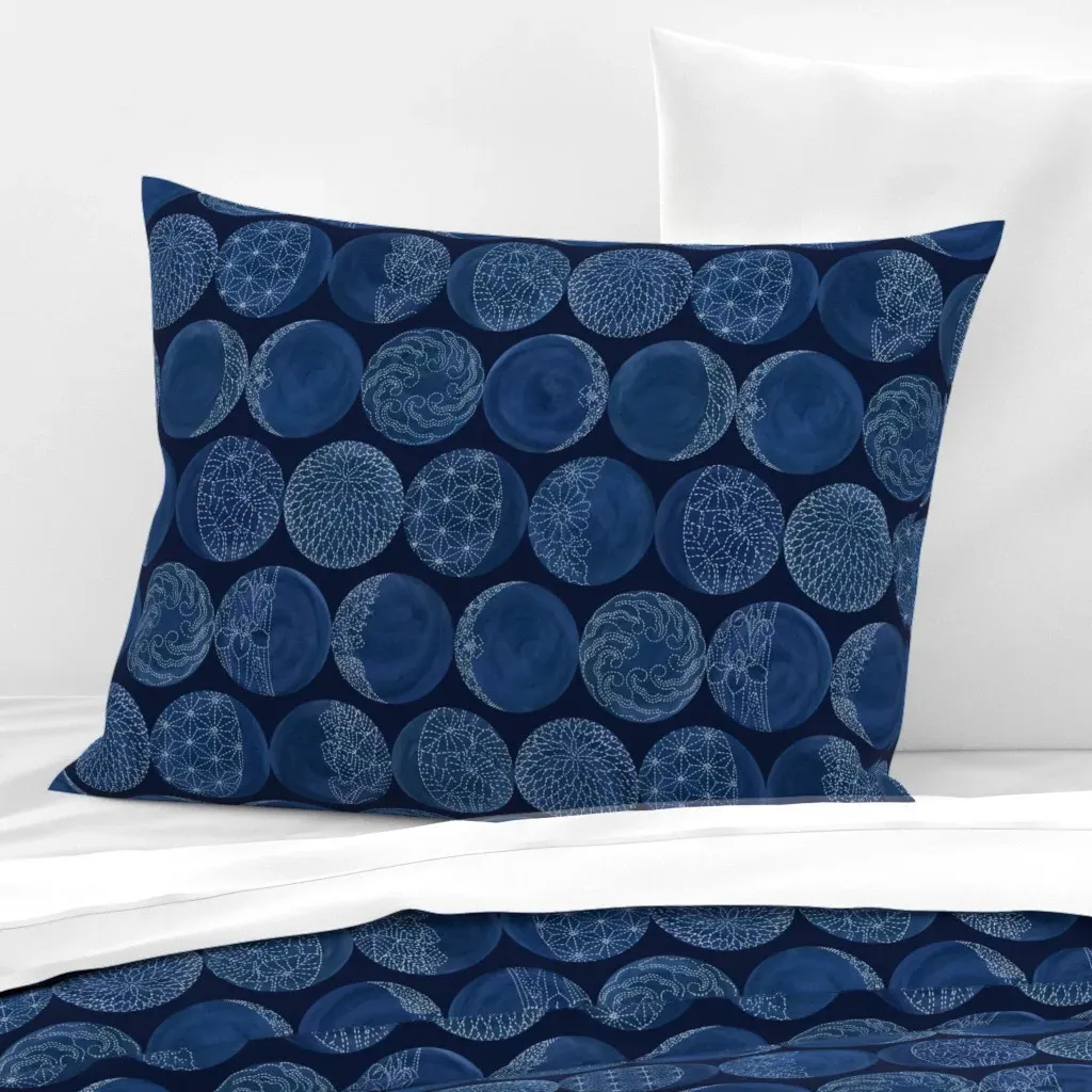 Sashiko Moon Phases Standard Knife Edge Cushion - Indigo, Cotton Sateen product
