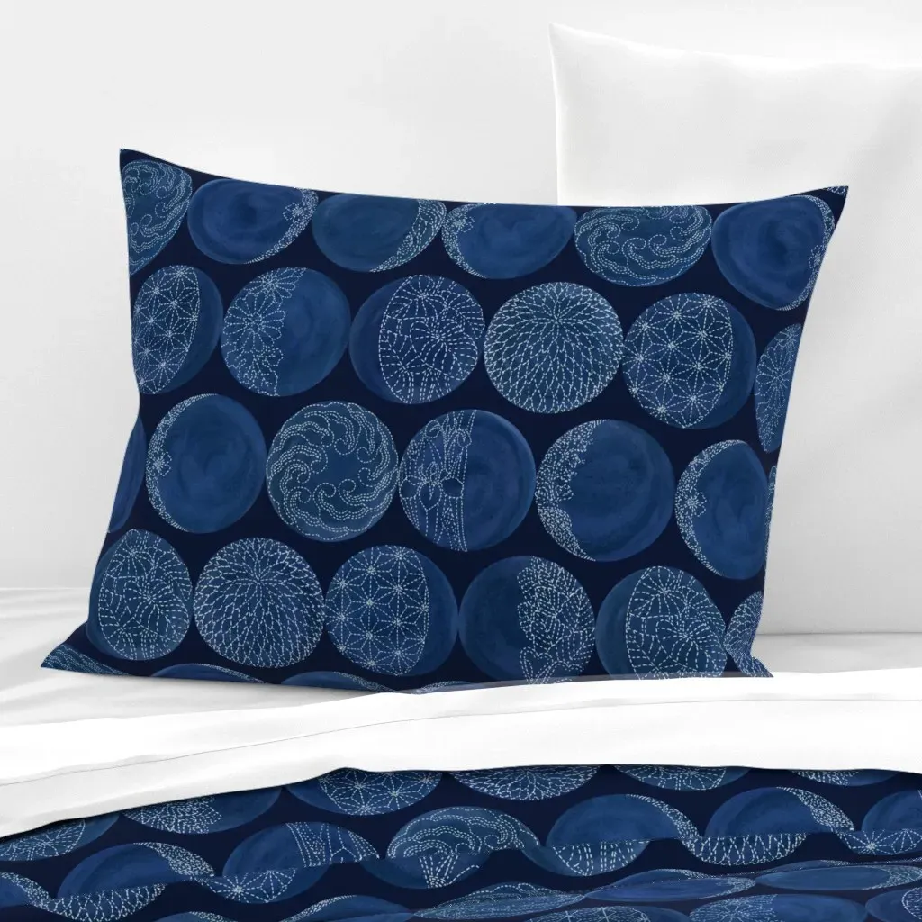 Sashiko Moon Phases Standard Knife Edge Pillow - Indigo, Cotton Sateen product
