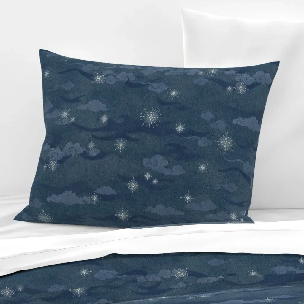 Sashiko Stars And Clouds Standard Knife Edge Pillow - Dark Blue, Cotton Sateen product