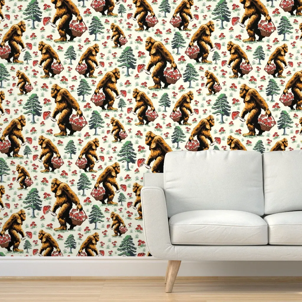 Sasquatch In Forest Mushroom Foraging Peel and Stick Wallpaper - Brown product