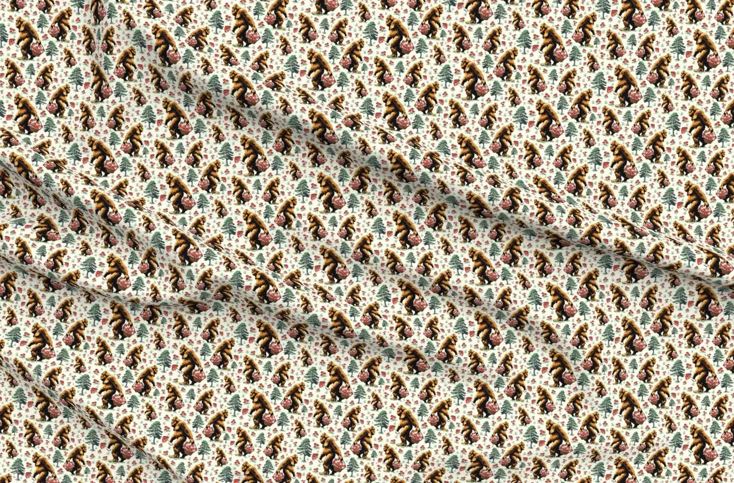 Sasquatch Mushroom Foraging Print Fabric - Brown, Pique product