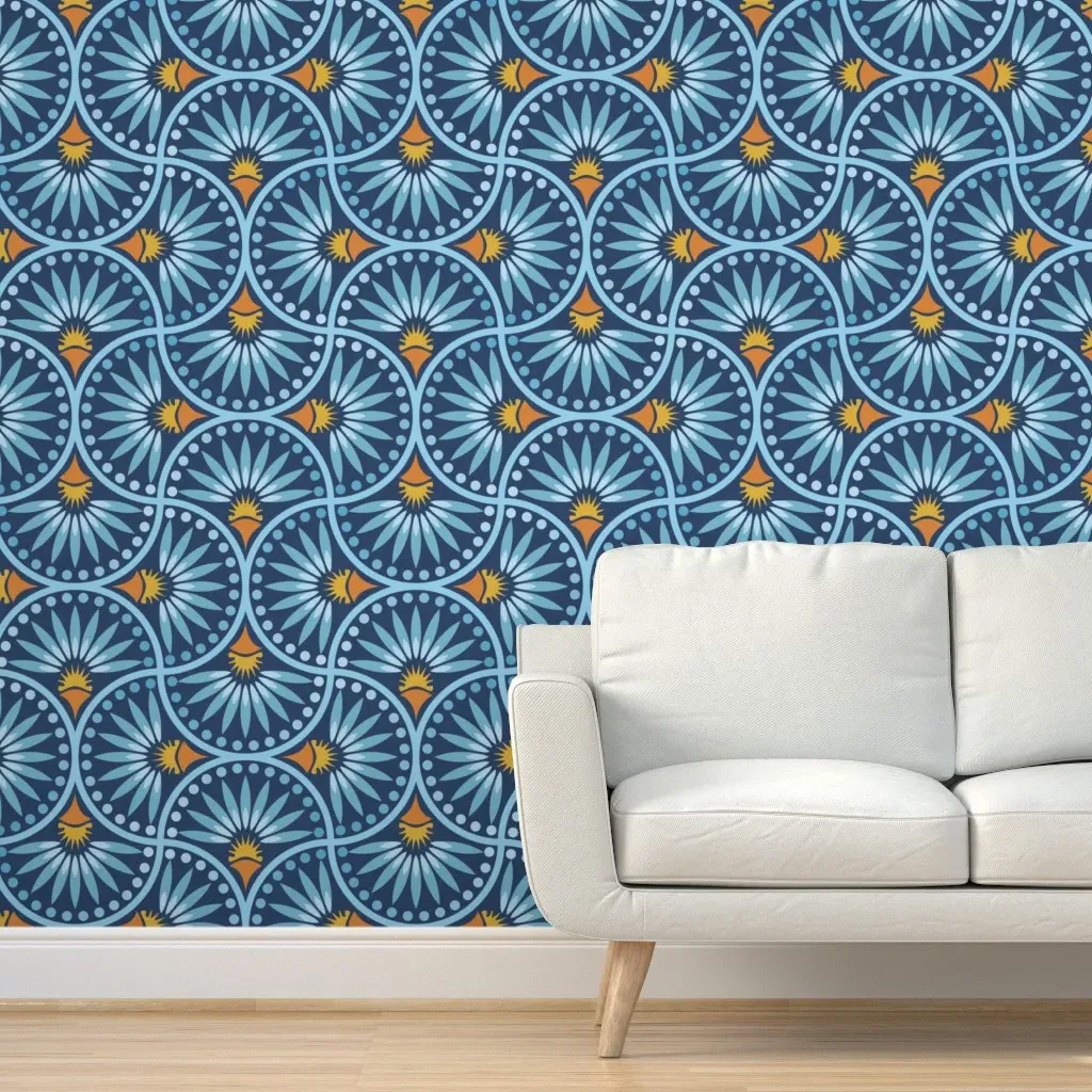 Scallop Floral Block Print Peel and Stick Wallpaper - Blue product