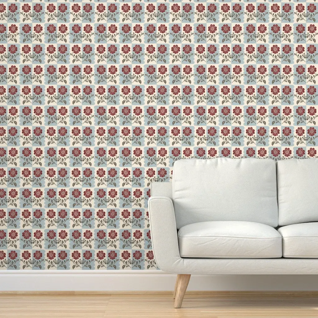 Scalloped Block Print Floral Peel and Stick Wallpaper - Burgundy product