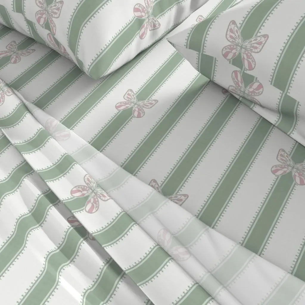Scalloped Edge Butterfly Stripes Queen Sheet Set - Celadon Green alternate view