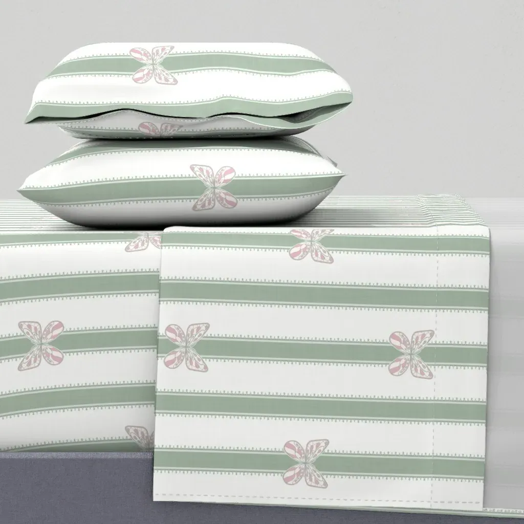 Scalloped Edge Butterfly Stripes Queen Sheet Set - Celadon Green product