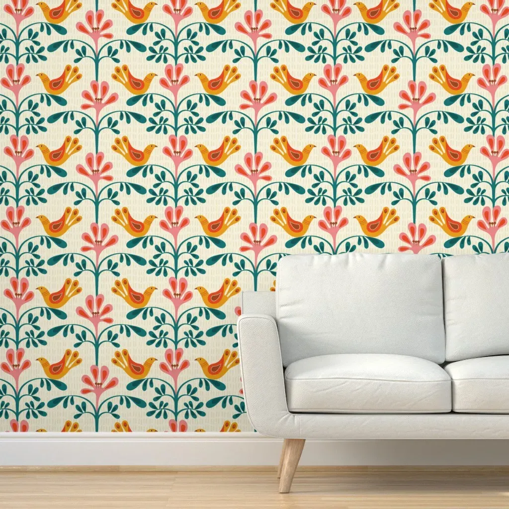 Scandi Birds and Flowers Peel and Stick Wallpaper - Beige product