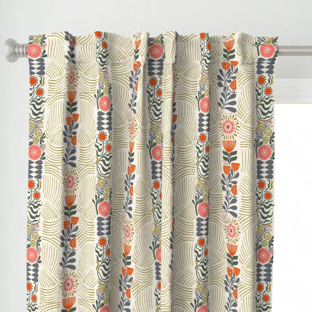 Scandi Bloom Stripes Curtain Panel - Coral Pink alternate view