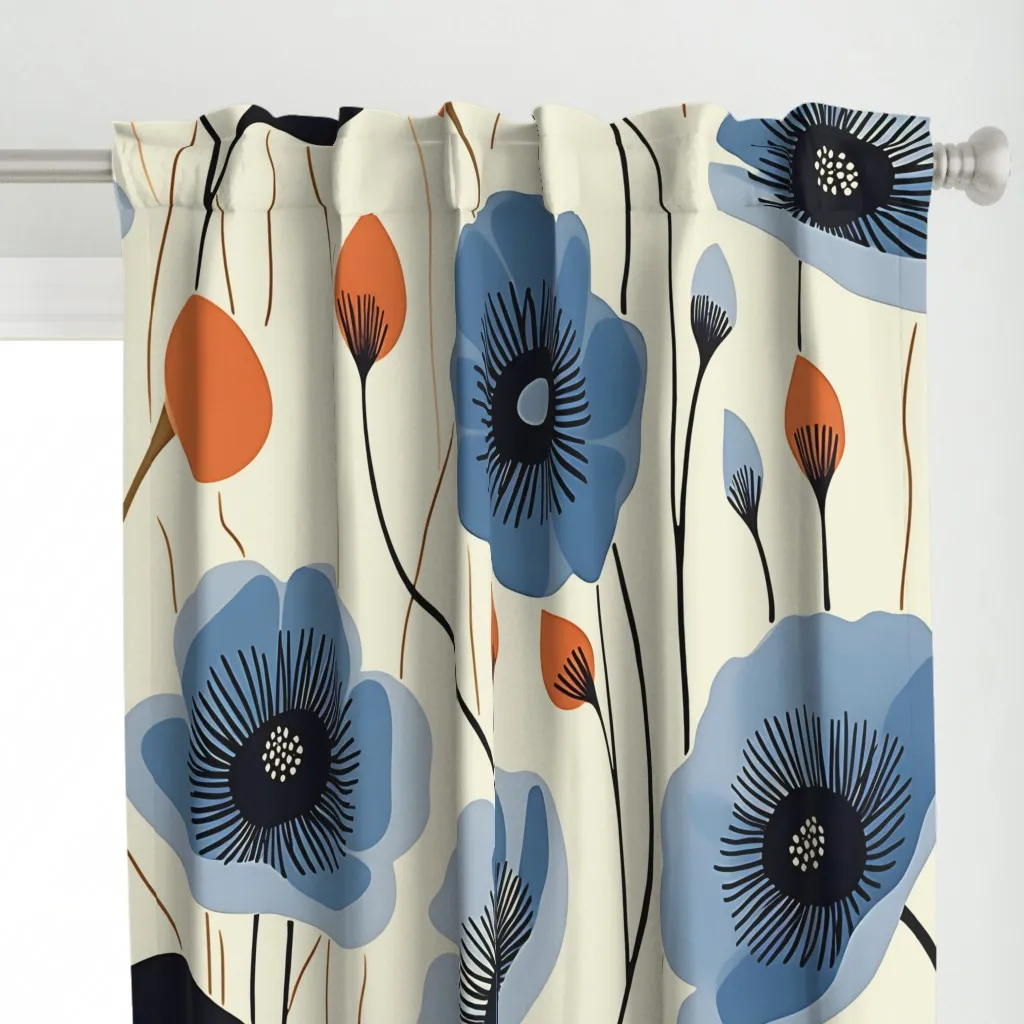 Scandi Floral 31 Curtain Panel - Blue alternate view
