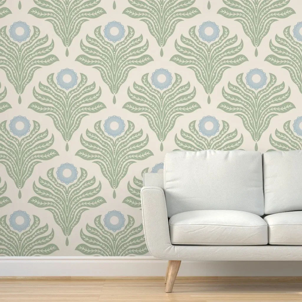 Scandi Folk Art Floral Peel and Stick Wallpaper - Soft Blue, Light Green product
