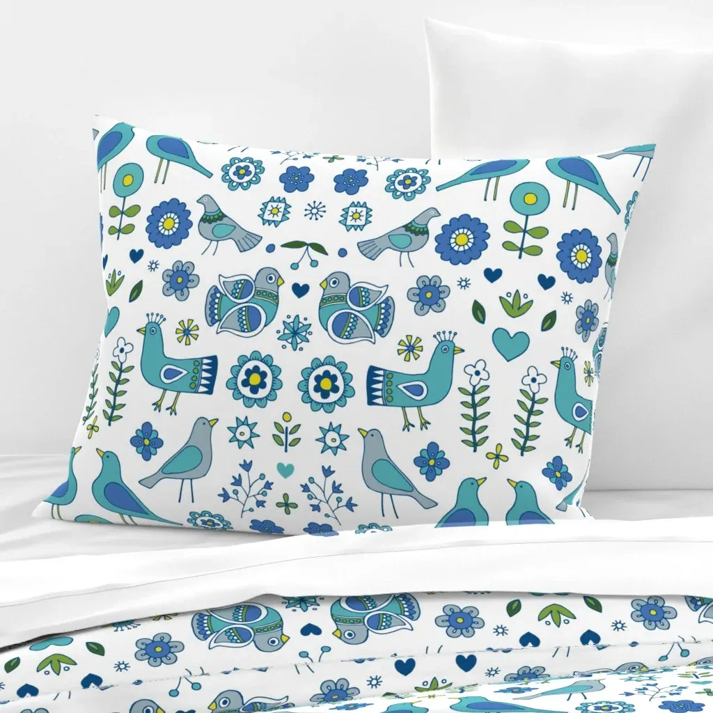Scandi Folk Birds Standard Knife Edge Cushion Cover - Teal, Cotton Sateen product