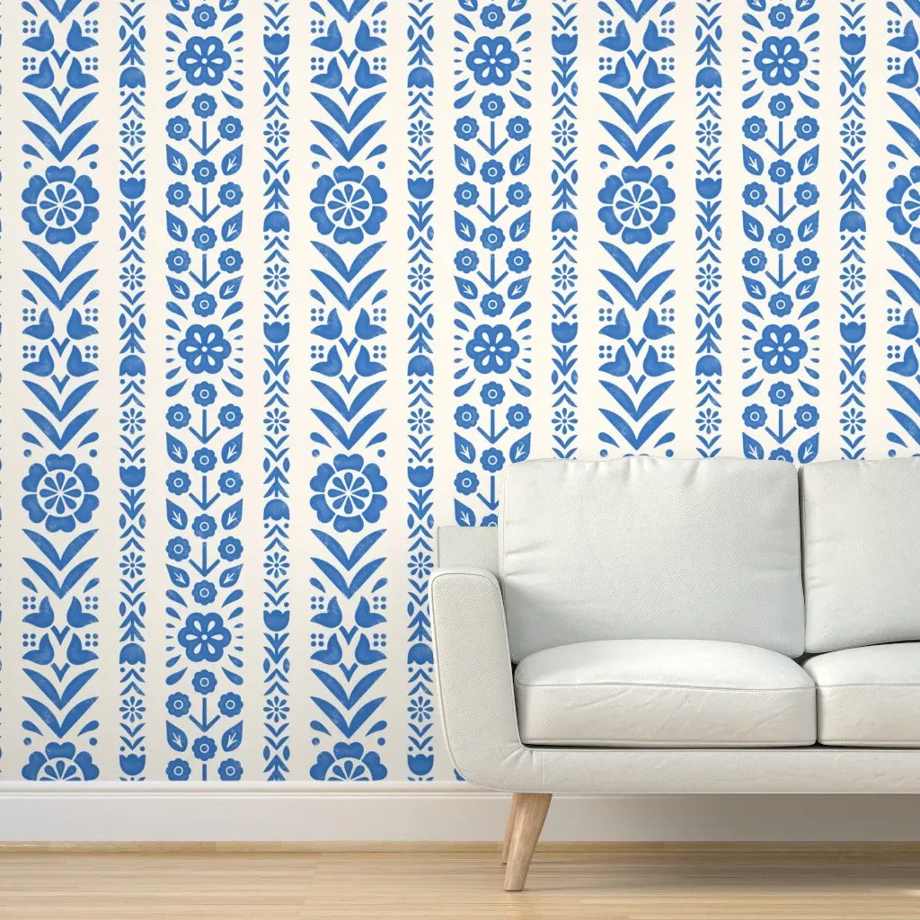 Scandi Folk Stencil Peel and Stick Wallpaper Large Scale - Blue product