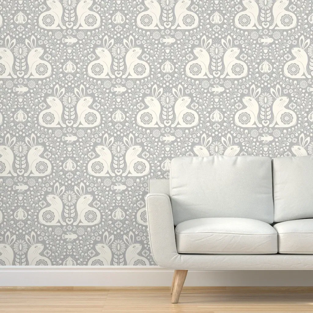 Scandi Forest Folk Rabbit Damask Peel and Stick Wallpaper - Off-White product
