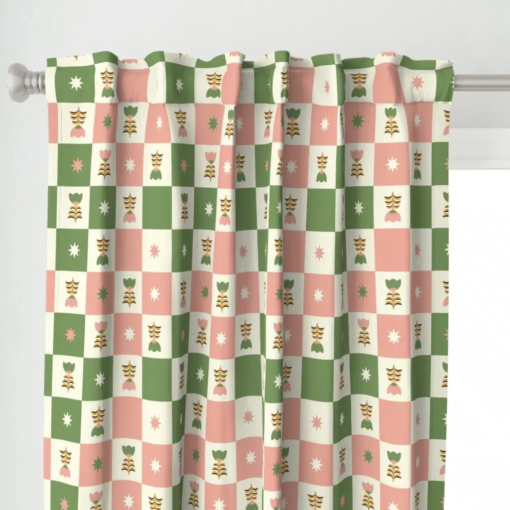Scandi Tulip Checkerboard Curtain Panel - Green alternate view