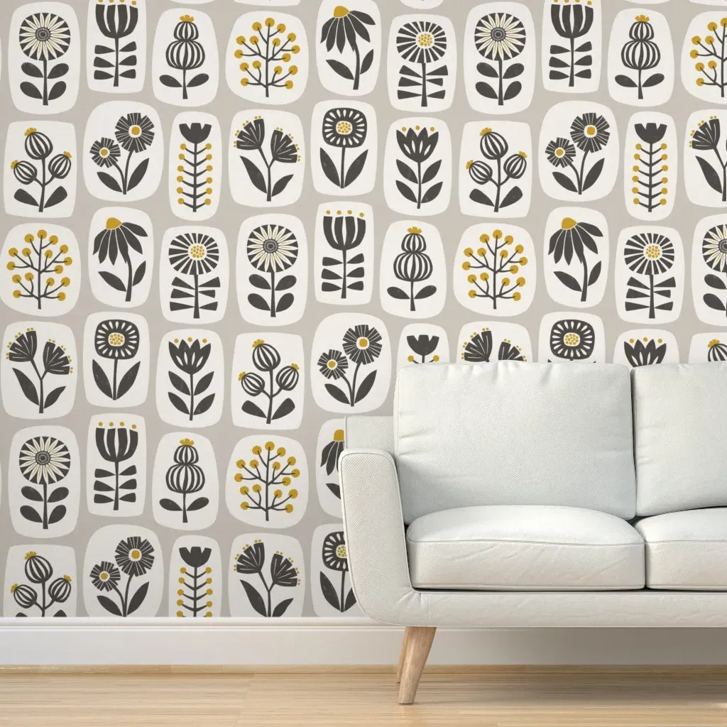Scandi Wildflower Block Print Collage Peel and Stick Wallpaper - Black, Mustard product