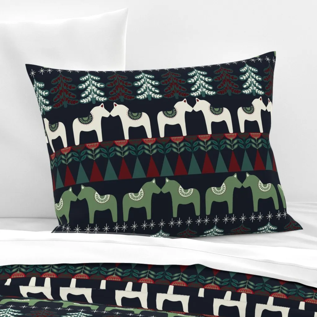 Scandi Winter Dala Horses And Trees Standard Pillow - Green, Cotton Sateen product