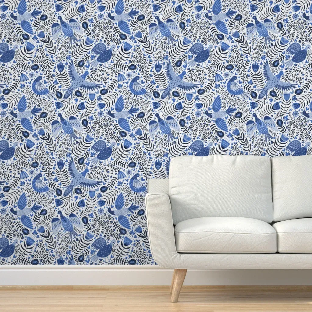 Scandinavian Birds Peel and Stick Wallpaper - Indigo Blue product