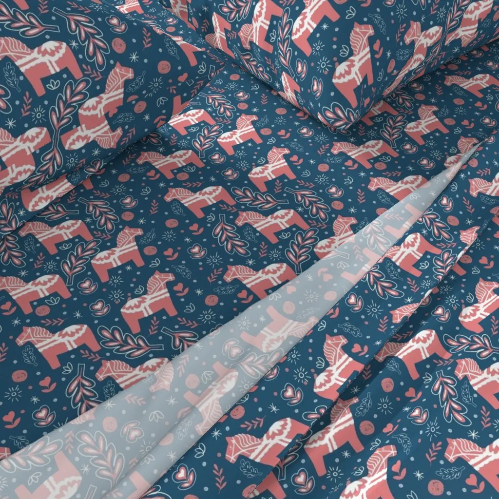 Scandinavian Dala Horses Winter Sky Full Sheet Set - Coral alternate view