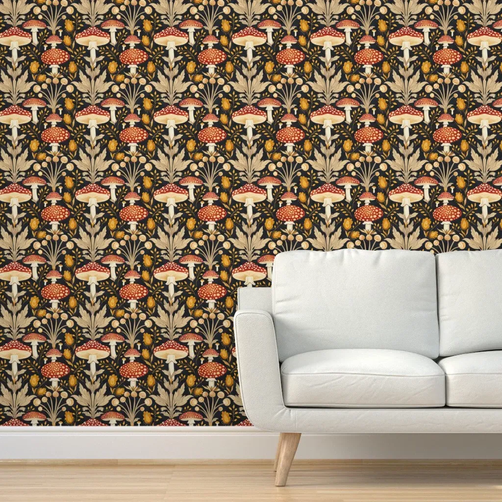 Scandinavian Dark Floral Mushrooms Peel and Stick Wallpaper - Red product
