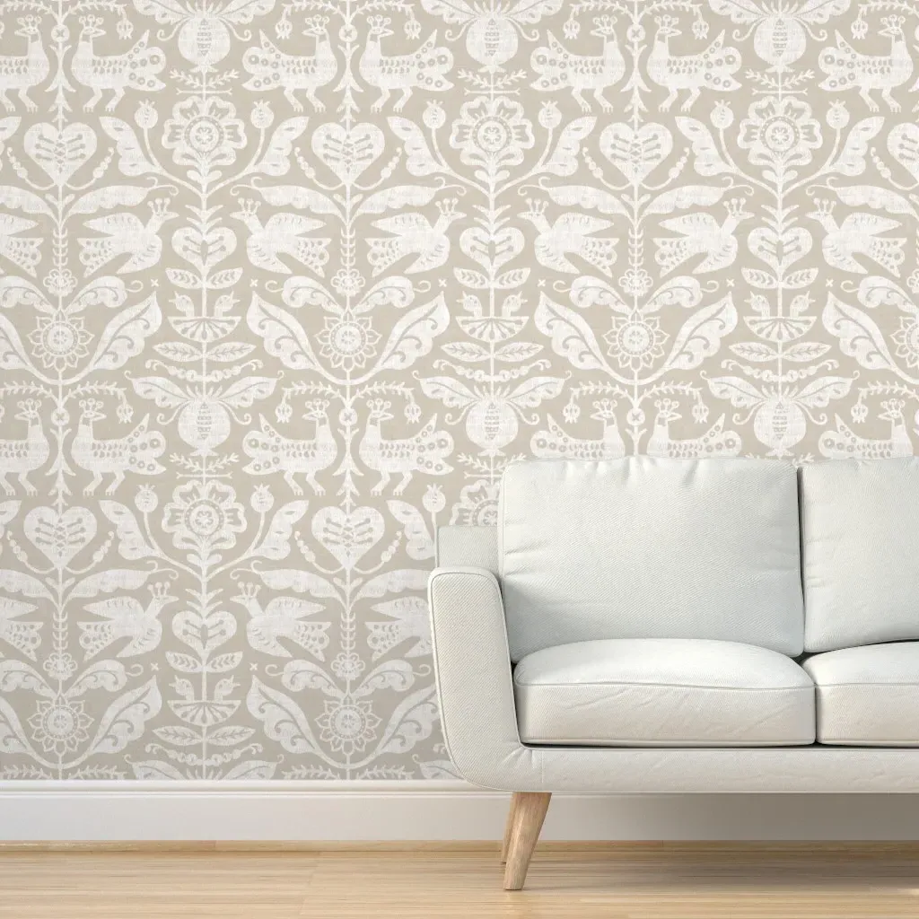Scandinavian Folk Art Garden Tapestry Peel and Stick Wallpaper - Warm Beige product