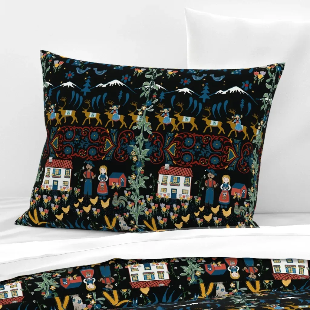 Scandinavian Folk Art Standard Knife Edge Cushion - Dark Blue, Cotton Sateen product