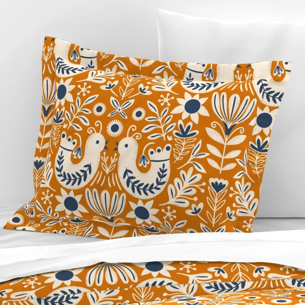 Scandinavian Folk Birds Floral Standard Flanged Pillow Sham - Orange, Cotton Sateen product