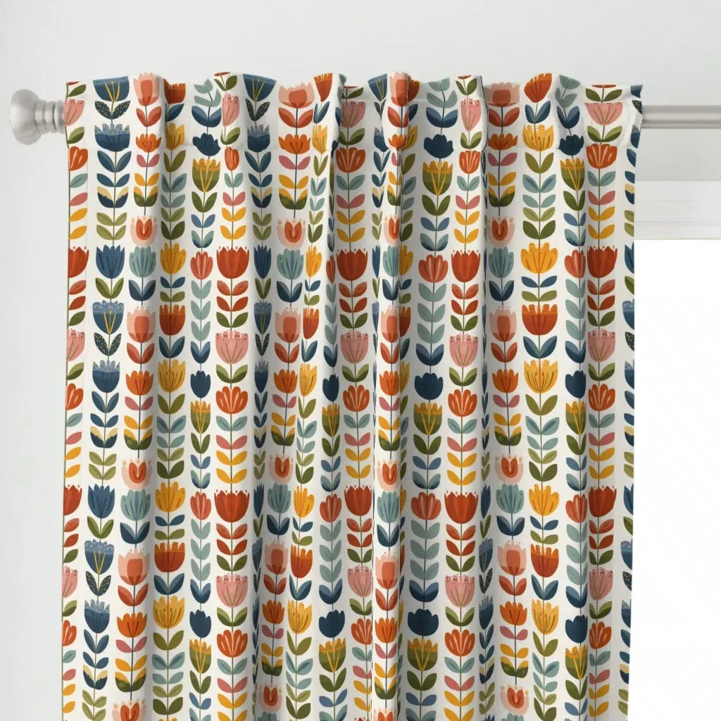 Scandinavian Folk Floral Curtain Panel - Blue alternate view