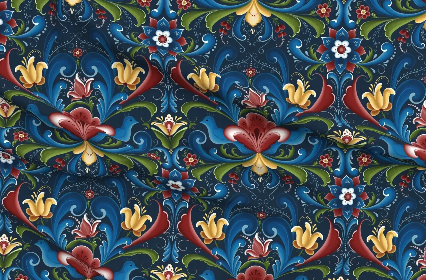 Scandinavian Rosemaling Folk Art Sport Pique Fabric - Navy Blue product