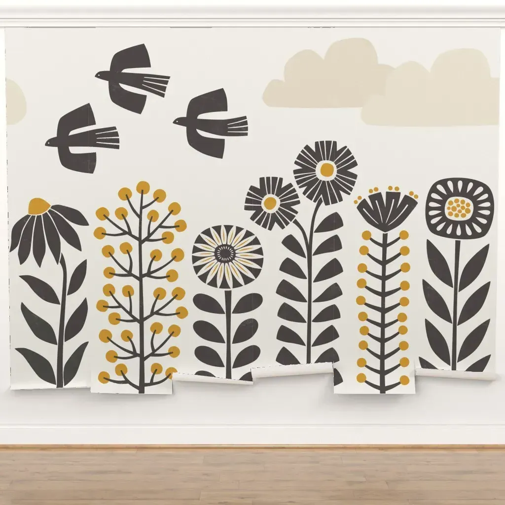 Scandinavian Wildflowers and Birds Peel and Stick Wall Mural product