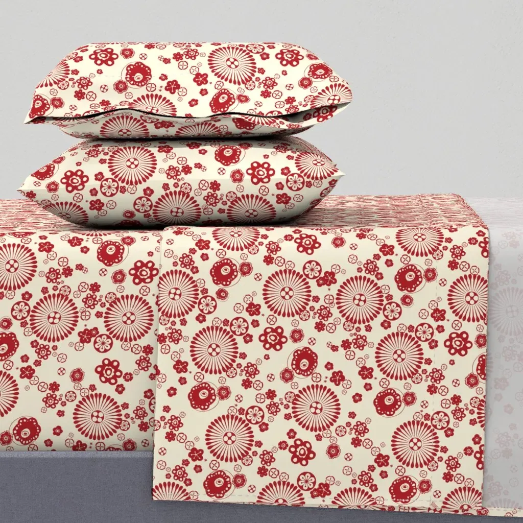 Scattered Geometric Flowers Queen Sheet Set - Crimson Red product