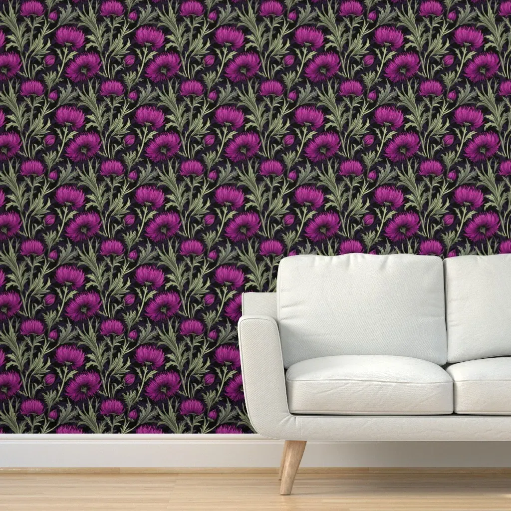 Scottish Thistle Dark Floral Peel and Stick Wallpaper - Crimson product