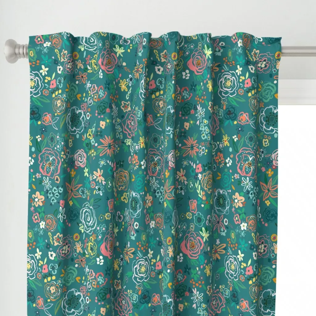 Scribble Flowers Dark Curtain Panel - Teal alternate view