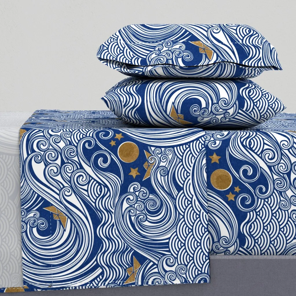 Sea Adventure Block Print Large Scale Queen Sheet Set - Dark Blue product