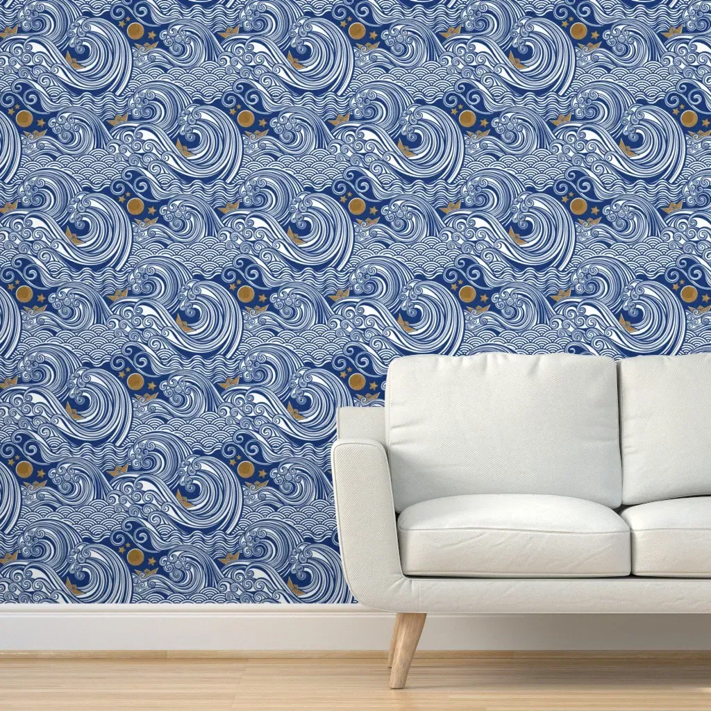 Sea Adventure Block Print Peel and Stick Wallpaper - Royal Blue, Yellow product