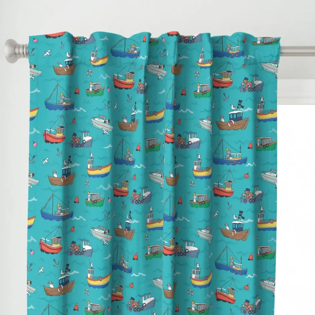 Sea Faring Dogs And Cat Curtain Panel - Teal alternate view