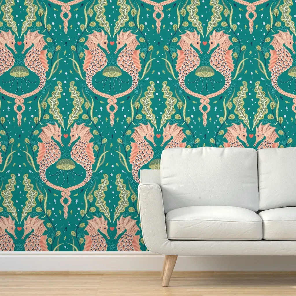 Sea Horse With Jellyfish Coastal Chic Peel and Stick Wallpaper - Teal Green product