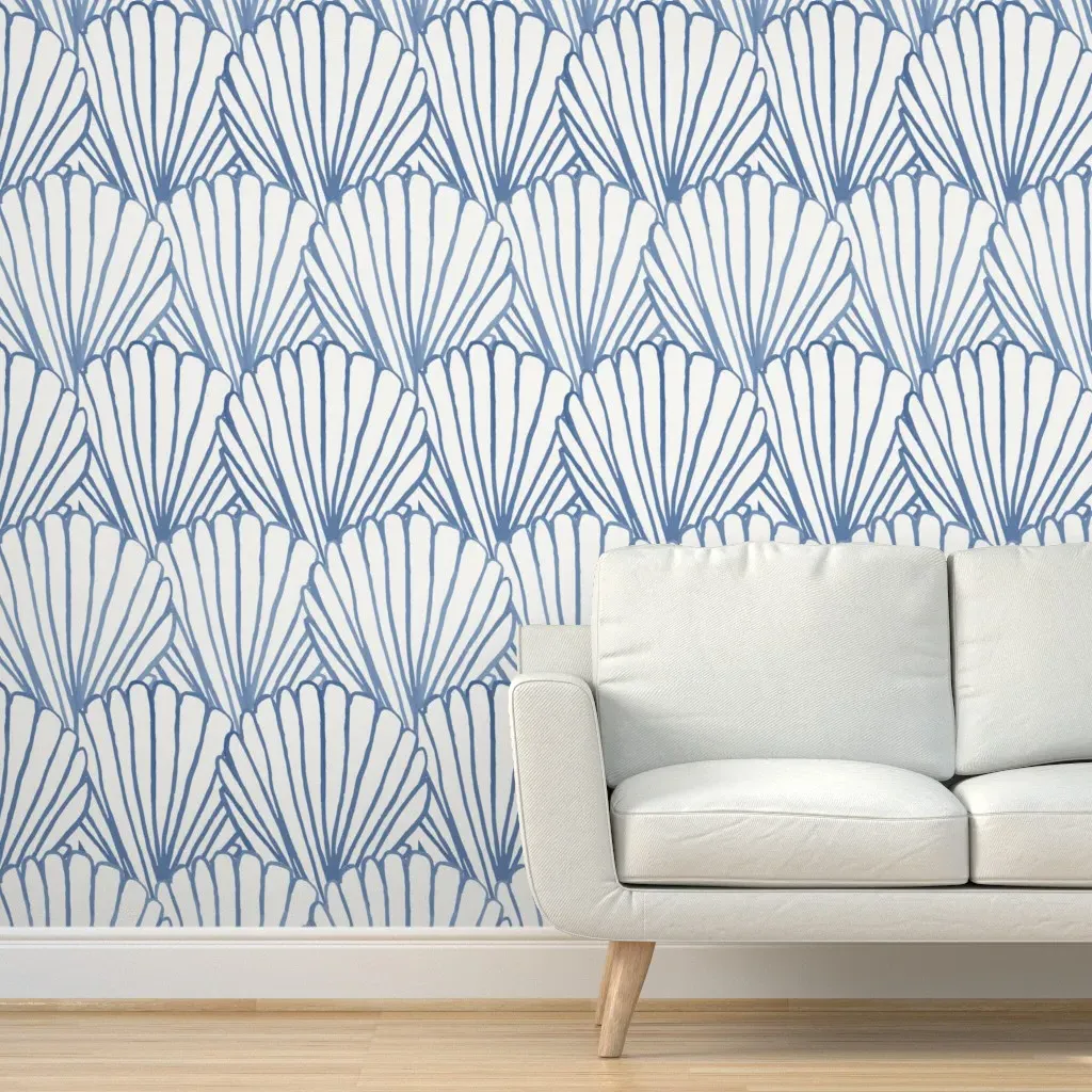 Sea Shell Large Scale Peel and Stick Wallpaper - Dusty Blue, Watercolor product