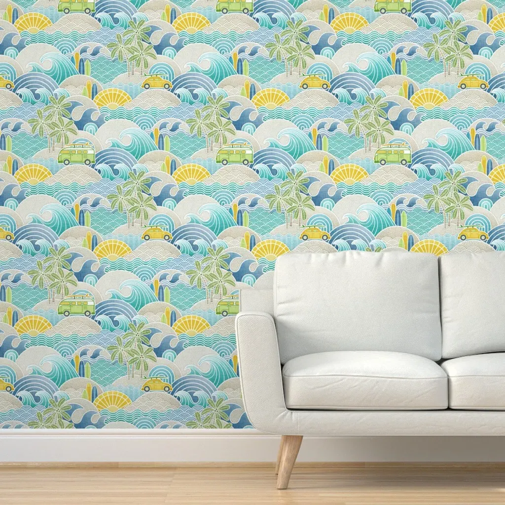 Sea Sun And Surf Surfboard Peel and Stick Wallpaper - Blue, Yellow product
