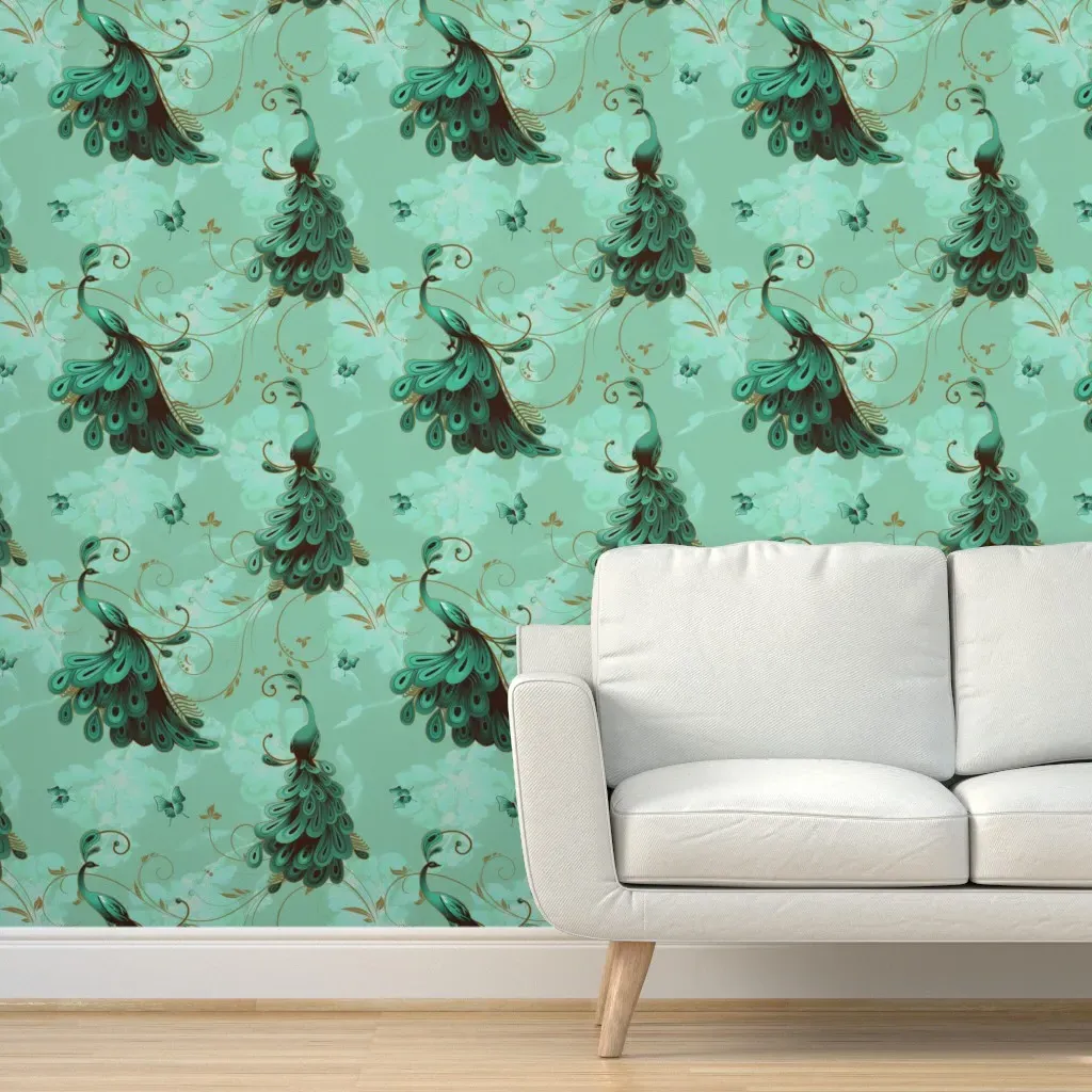 Seafoam Peacocks Peel and Stick Wallpaper - Blue, Green product