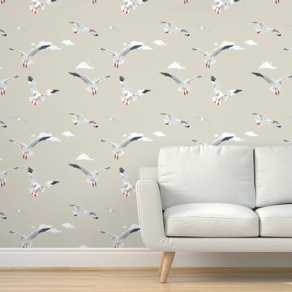Seagulls Coastal Birds Fluffy Clouds Peel and Stick Wallpaper - Beige product